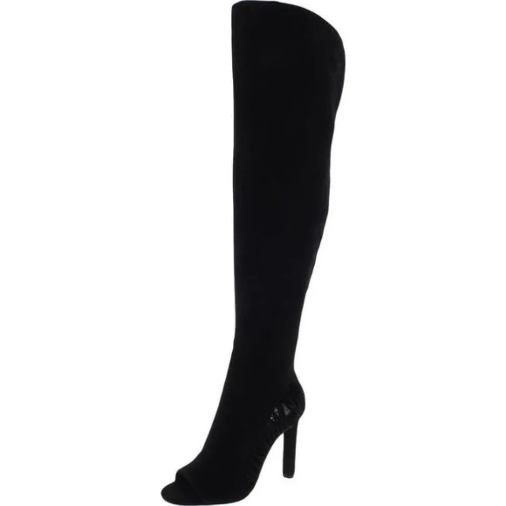 NIB VINCE CAMUTO Shassa Black Suede Open Toe Over-The-Knee Stiletto Heel Boots